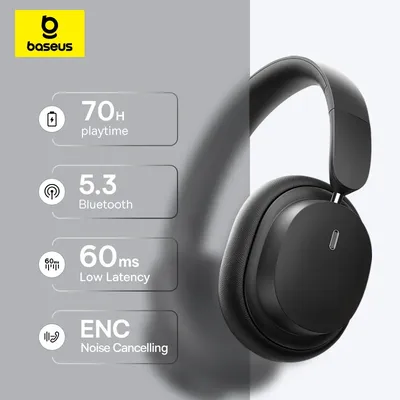 Baseus 무선 헤드폰 Bluetooth 5.3 HIFI 레벨 이어폰 40mm 드라이버 접이식 오버 이어 헤드셋 70H 재생 시간 공간 오디오